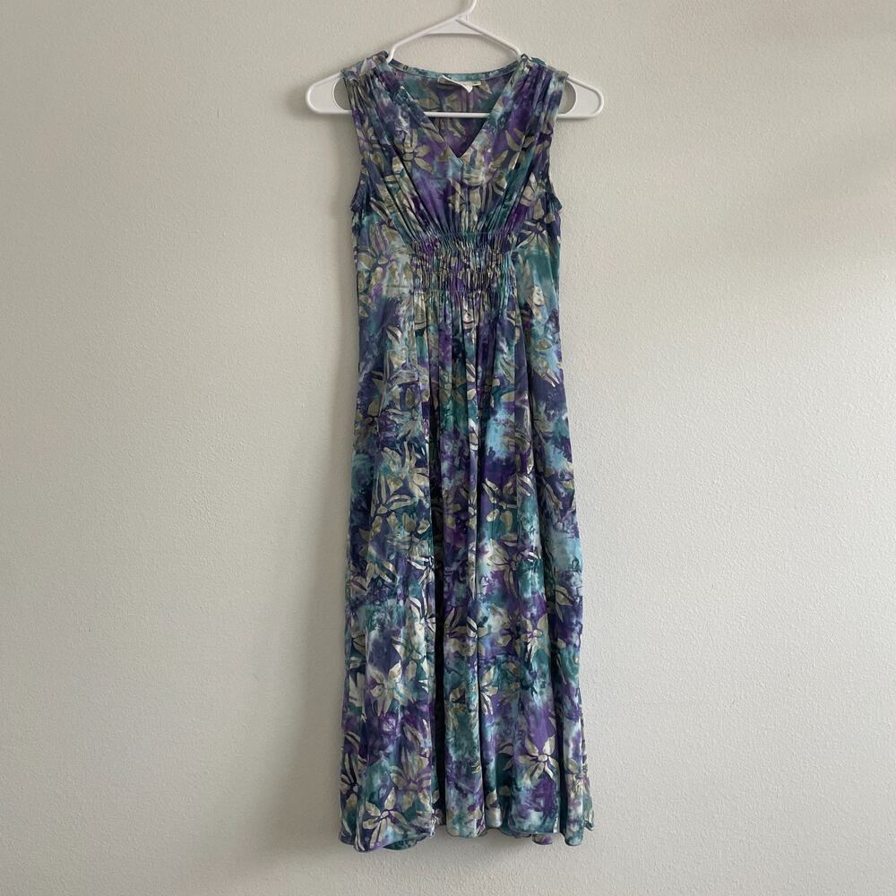 Go Fish Dress Women XS Blue Floral V Neck Maxi Lagenlook Resort Smocked Slip